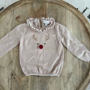The White Company Adorable Reindeer Sweater with Ruffle Collar, Size 4-5T